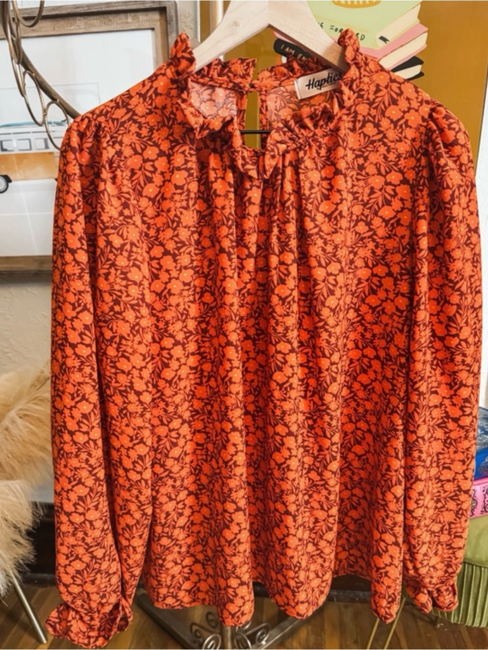 Haptics Women's Orange Floral Tie-Neck Blouse